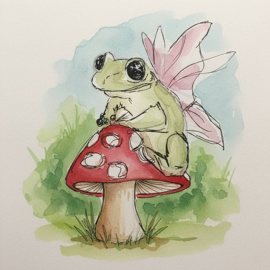 Desenho de um sapo com asas coloridas sentado em um cogumelo vermelho