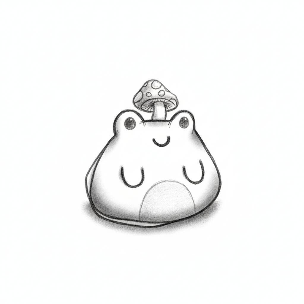 Desenho de um sapo fofo com um cogumelo em cima