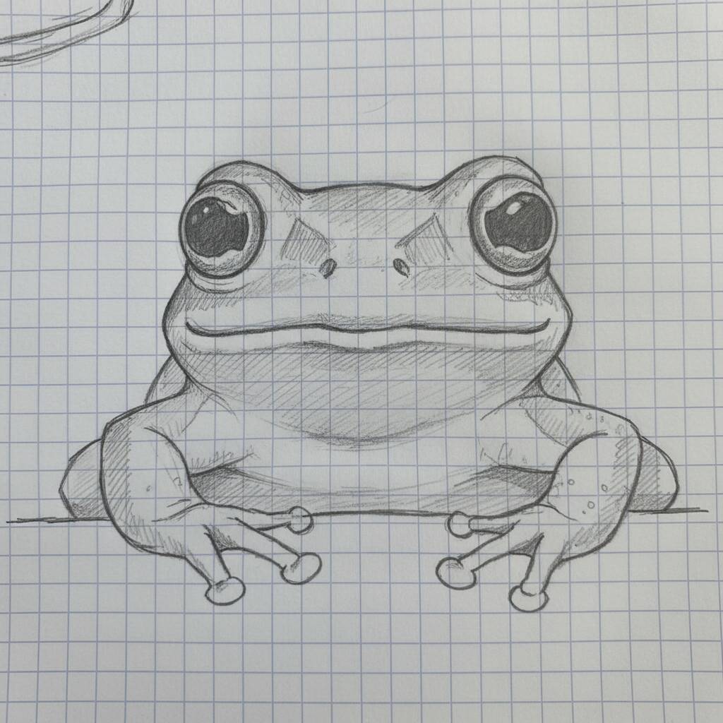 Desenho de um sapo com olhos grandes em uma folha quadriculada
