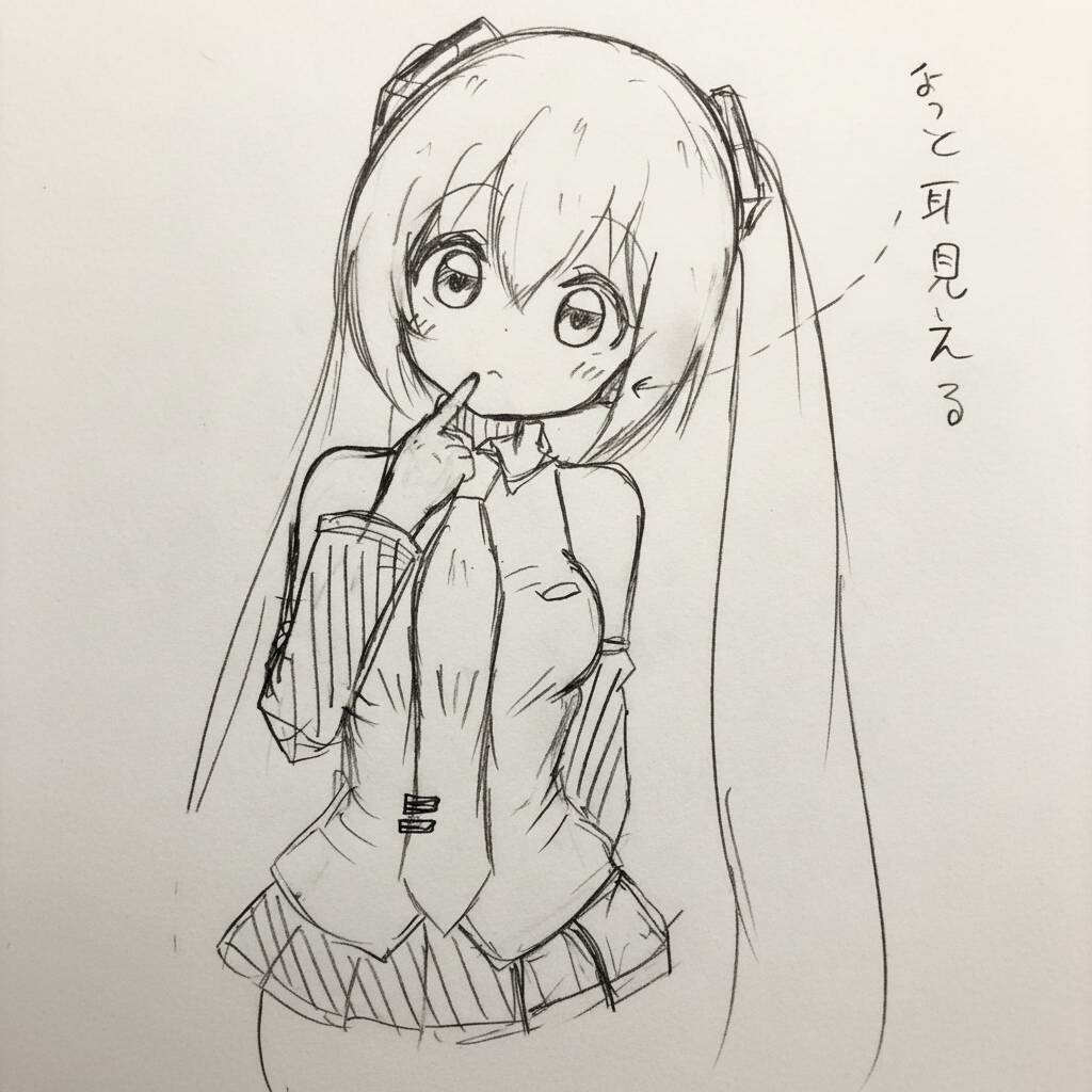 Desenho de uma personagem de anime com cabelo longo e expressão fofa.