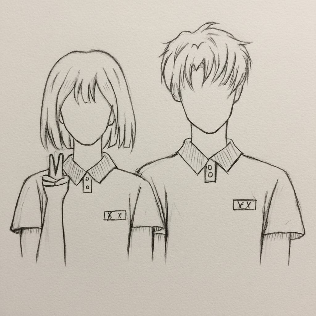Desenho de um casal de personagens de anime com camisetas iguais
