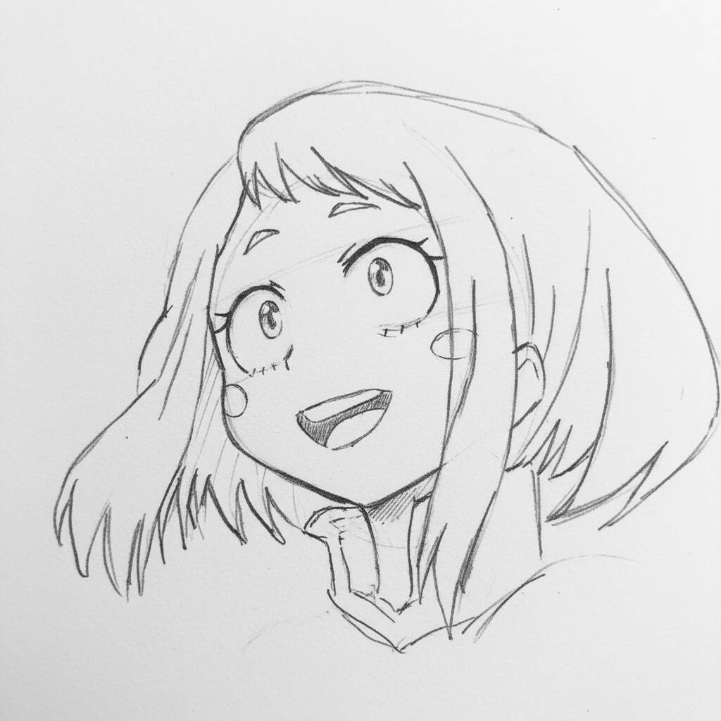 Desenho de uma garota anime com cabelo curto e sorriso