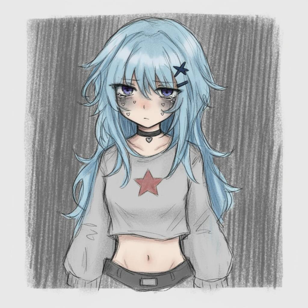 Desenho de uma garota de anime com cabelo azul e uma camiseta com estrela vermelha.