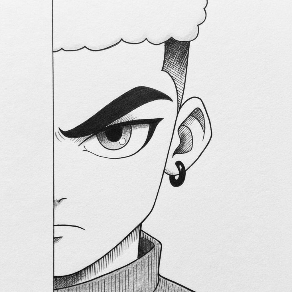 Desenho em preto e branco de um personagem de anime com expressão intensa