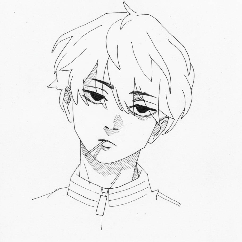 Desenho em preto e branco de um personagem de anime com cabelo claro e expressão relaxada.