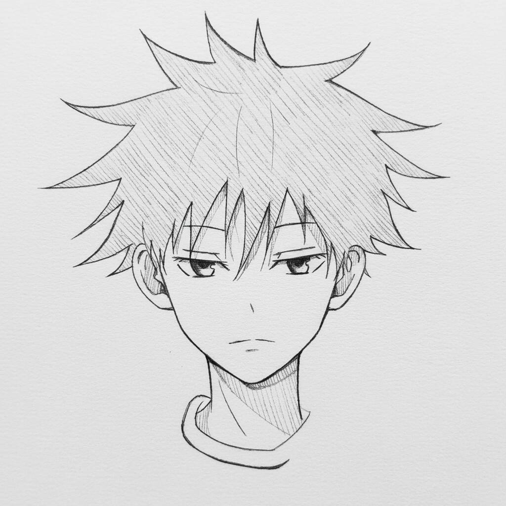 Desenho de um personagem masculino de anime com cabelo espetado.