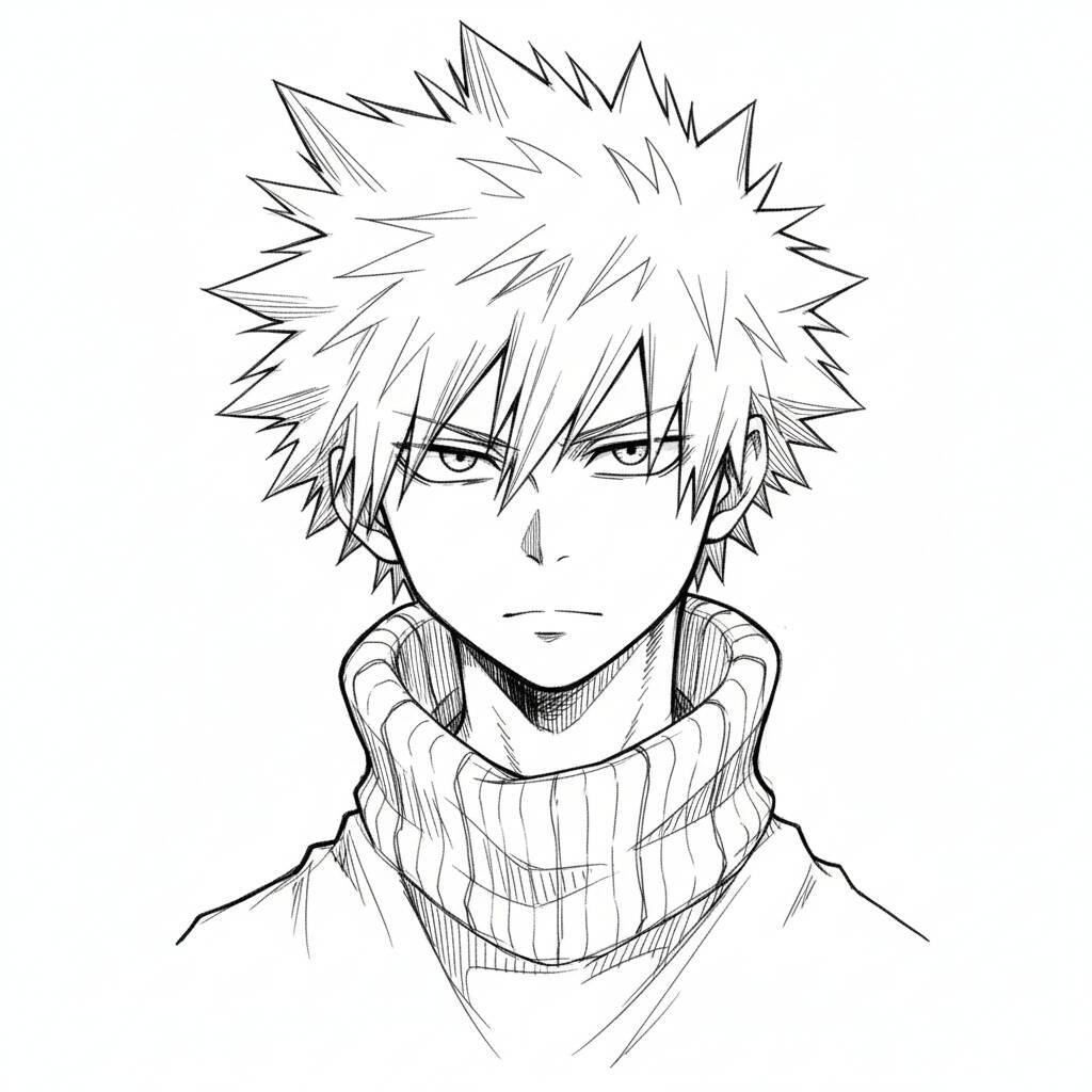 Desenho em preto e branco de um personagem de anime com cabelo espetado e suéter.