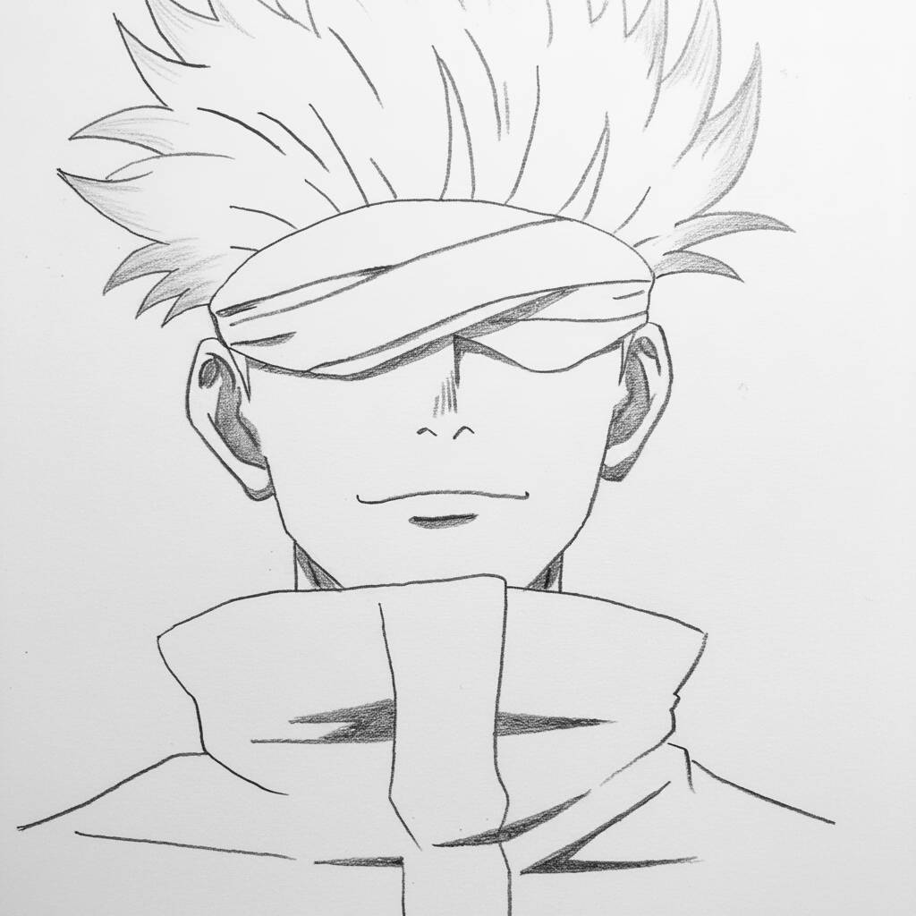 Desenho em preto e branco de um personagem de anime com cabelo espetado e bandana