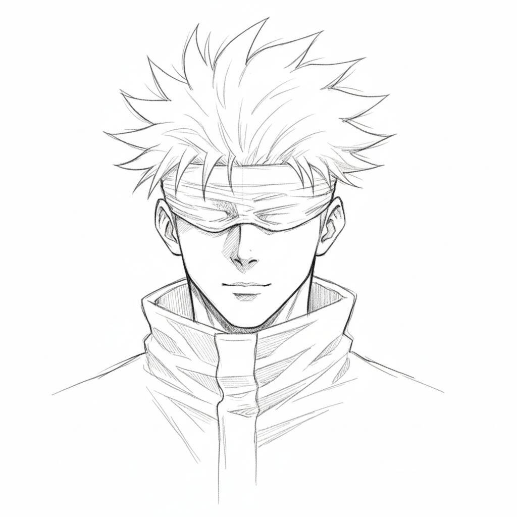 Desenho em preto e branco de um personagem de anime com cabelo espetado e bandana
