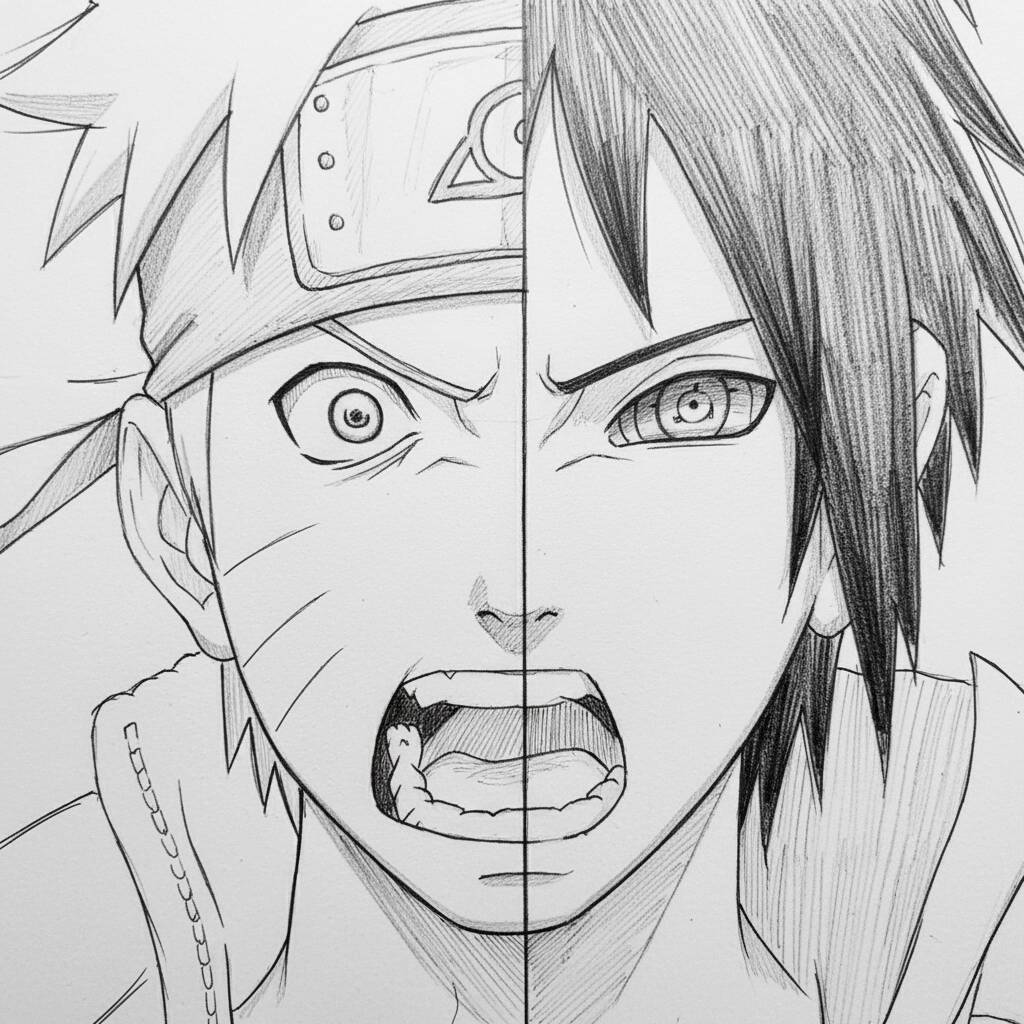 Desenho de Naruto e Sasuke em estilo anime para colorir