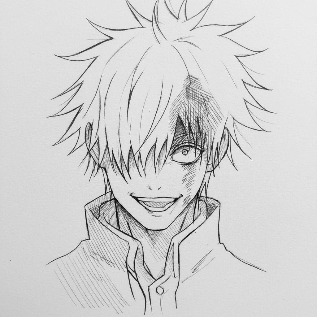 Desenho de um personagem de anime com cabelo bagunçado e sorriso amigável.
