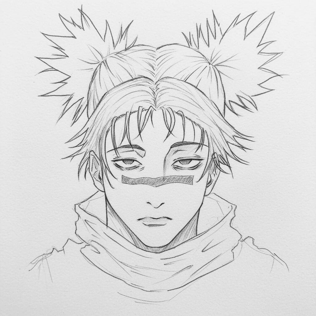 Desenho em preto e branco de um personagem de anime com cabelo em formato de pompom.