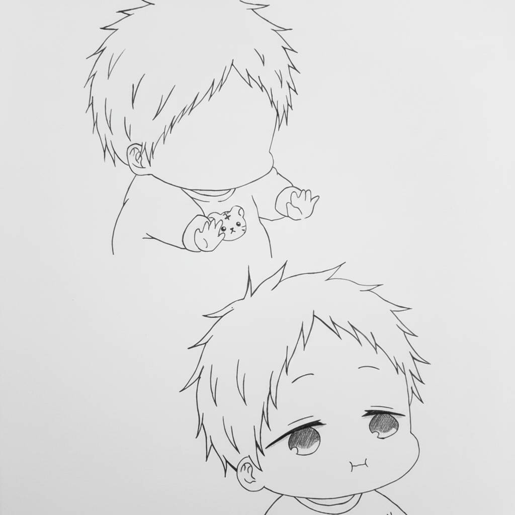 Desenho em linha de um bebê kawaii com cabelo bagunçado e expressão fofa.