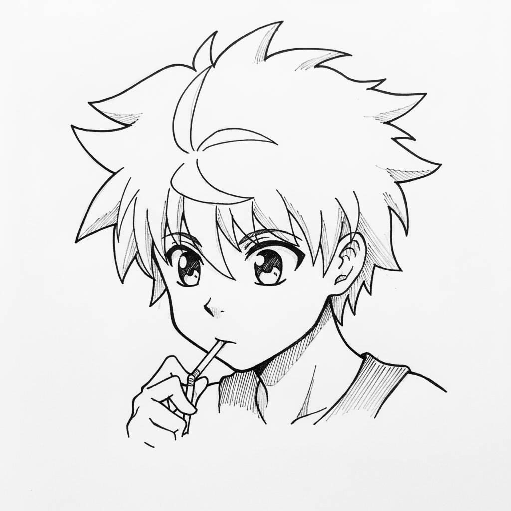 Desenho de um menino com cabelo bagunçado segurando um canudo