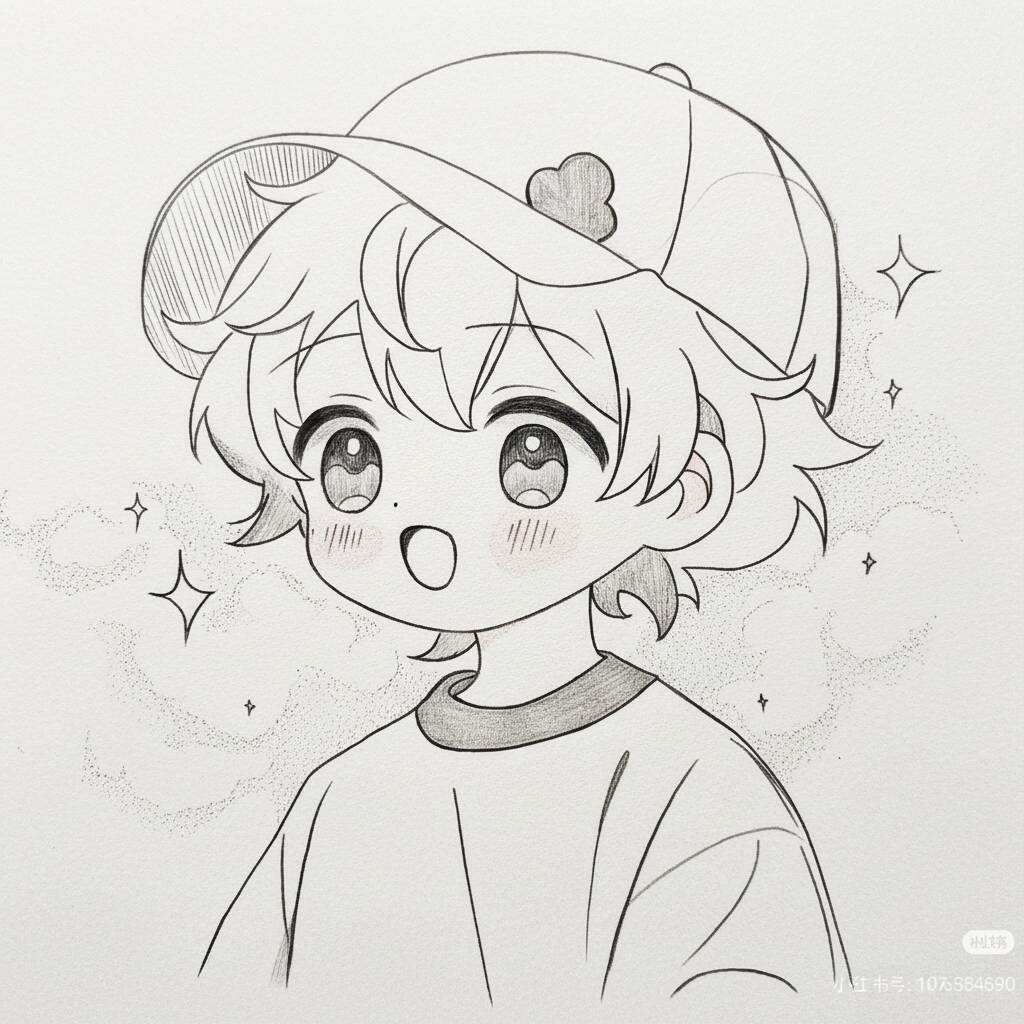 Desenho de um menino com boné e camiseta sorrindo, ideal para colorir.