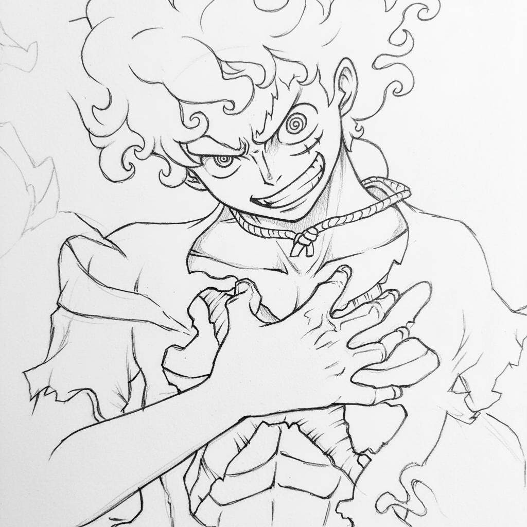 Desenho de personagem com cabelo encaracolado e expressão divertida
