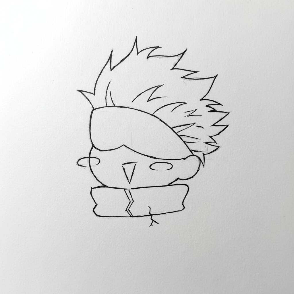Desenho de um personagem fofo com cabelo espetado e máscara