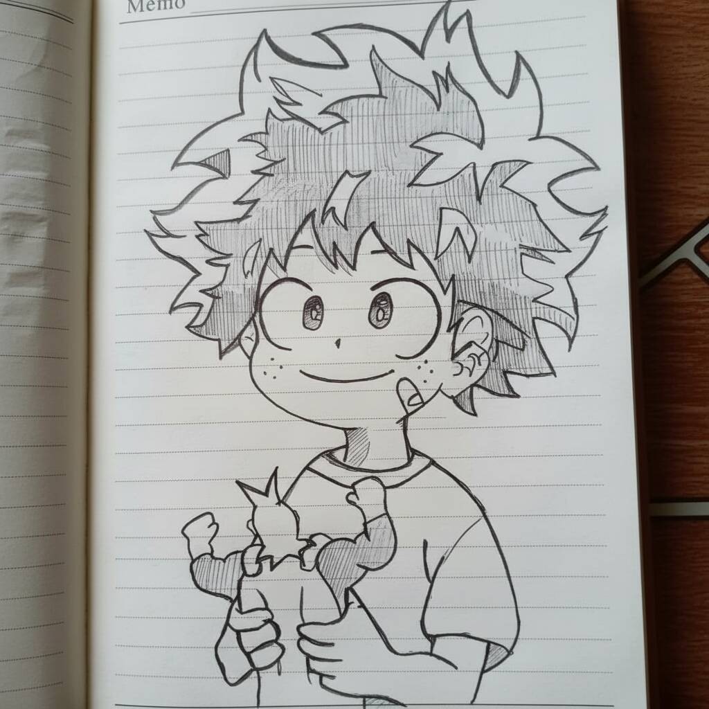 Desenho de um personagem fofo segurando uma figura de ação