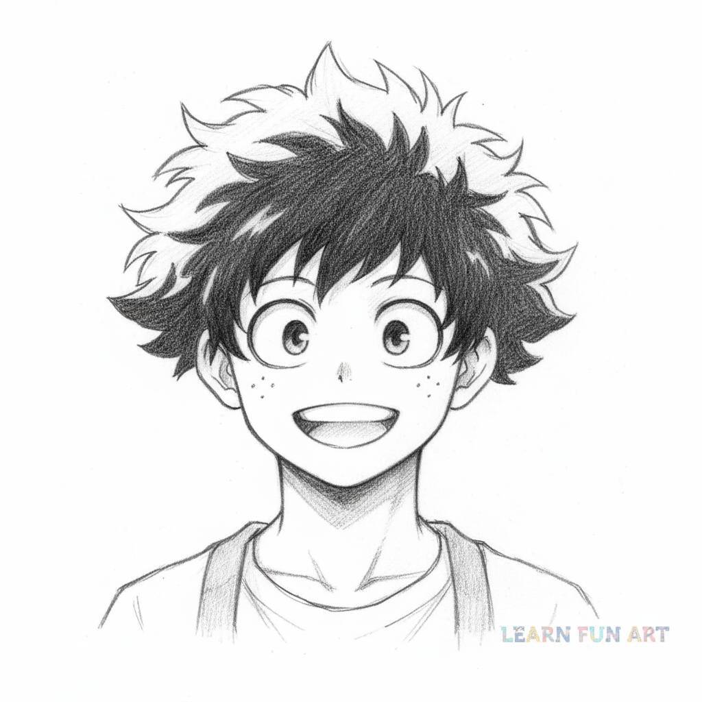Desenho em preto e branco de um personagem anime sorridente com cabelo bagunçado
