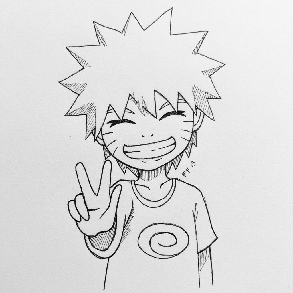 Desenho em preto e branco de um personagem de anime sorridente fazendo sinal de paz.