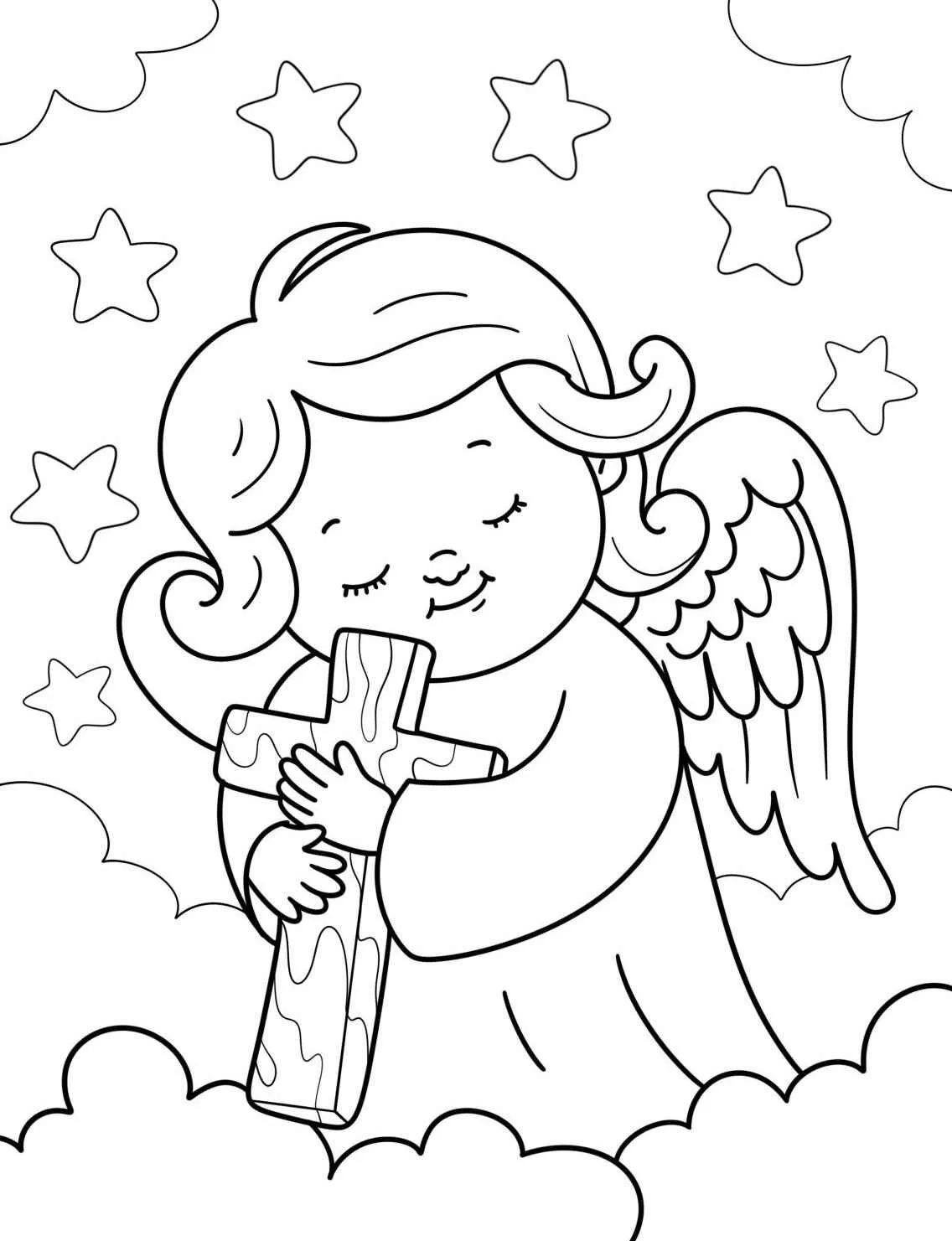 Desenho de um anjo segurando uma cruz entre nuvens e estrelas para colorir