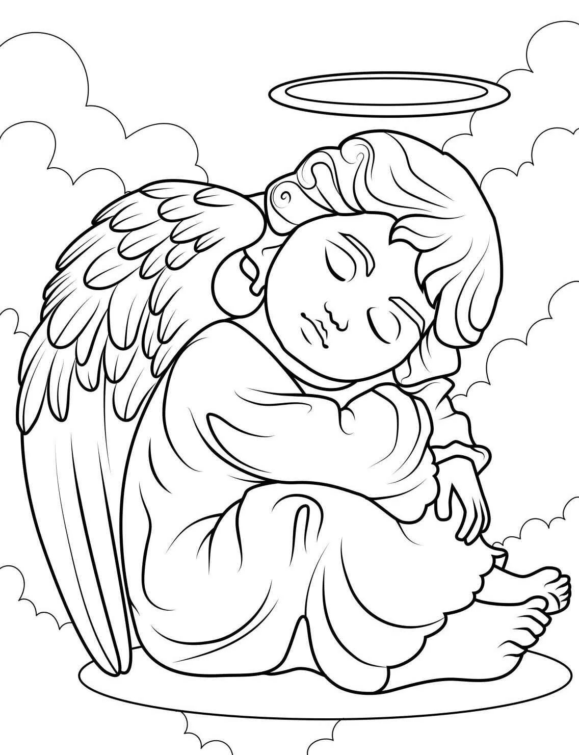 Desenho para colorir de um anjo com asas e auréola