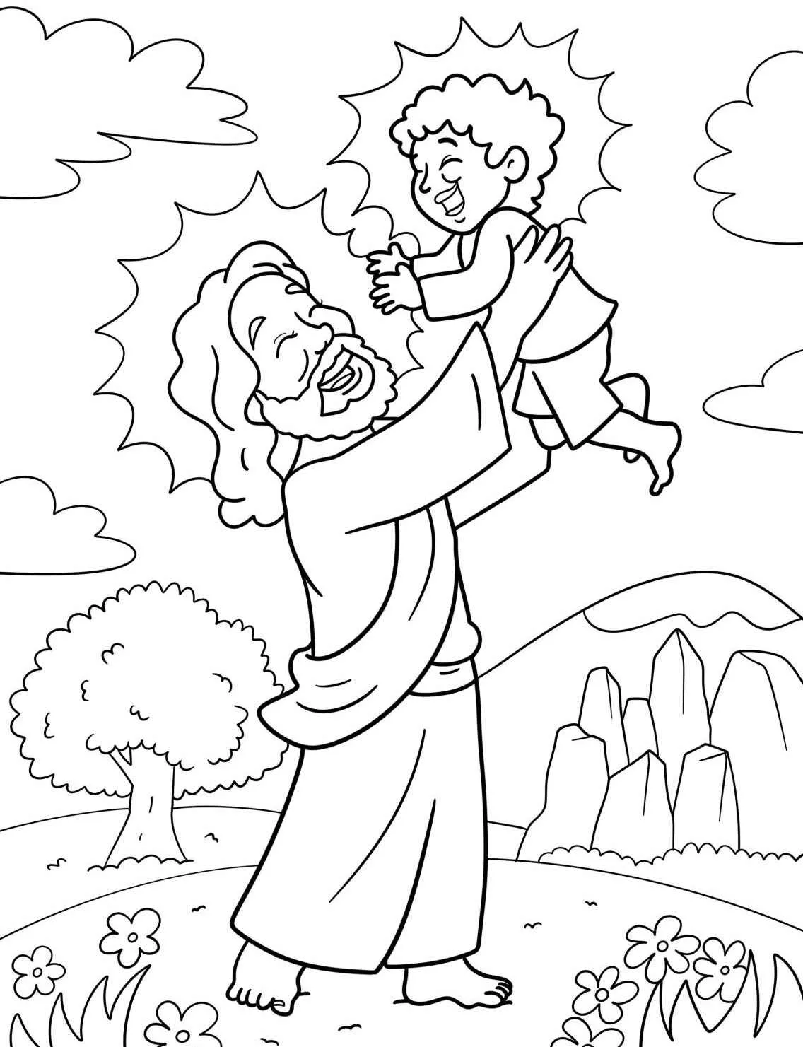 Desenho de Jesus segurando uma criança em um cenário natural