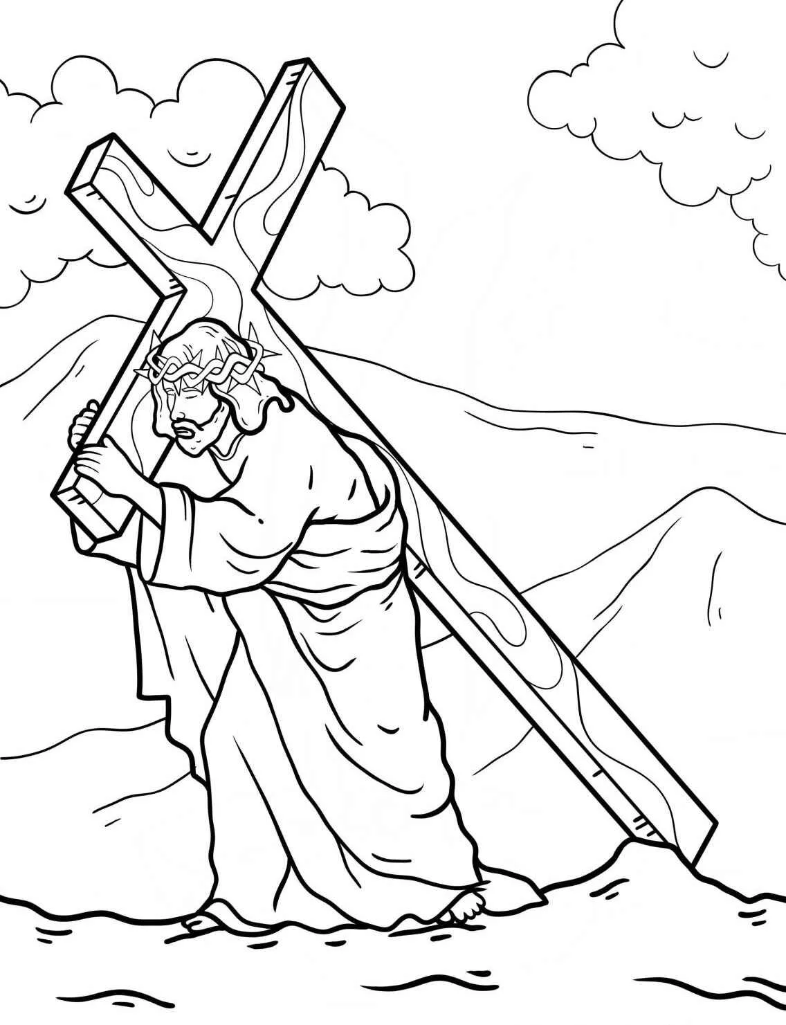 Desenho para colorir de Jesus carregando a cruz em um cenário montanhoso
