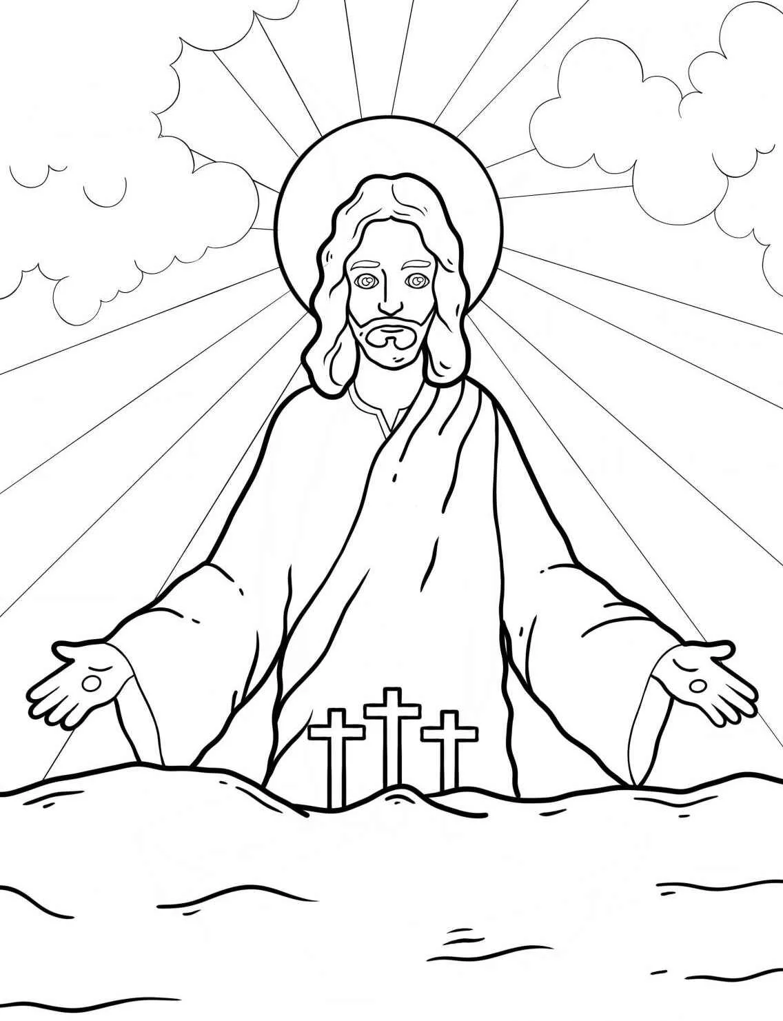 Desenho para colorir de Jesus com as mãos abertas e três cruzes ao fundo