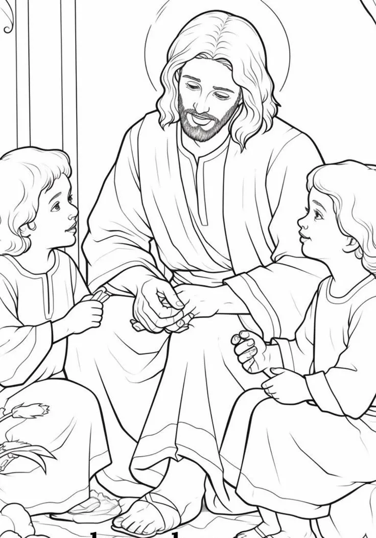 Desenho para colorir de Jesus sentado com crianças
