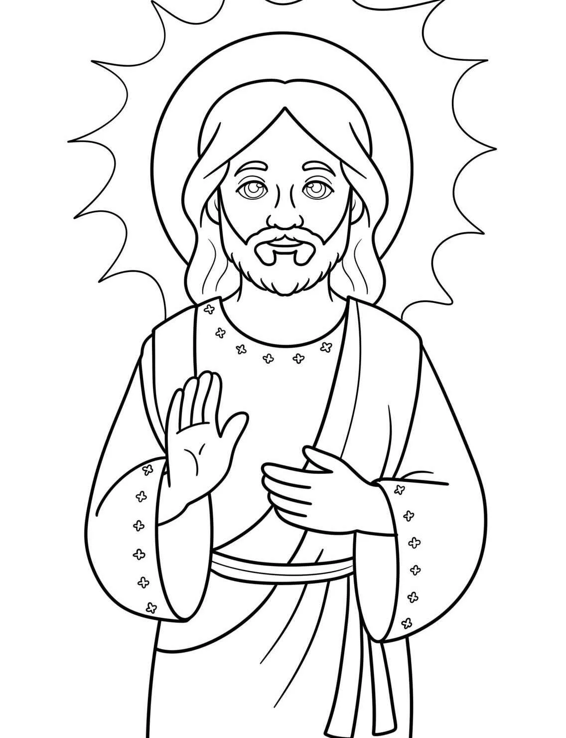 Desenho para colorir de Jesus com mãos abertas e auréola