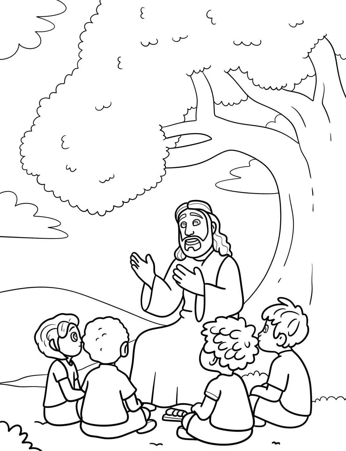 Desenho de Jesus sentado sob uma árvore, ensinando crianças.