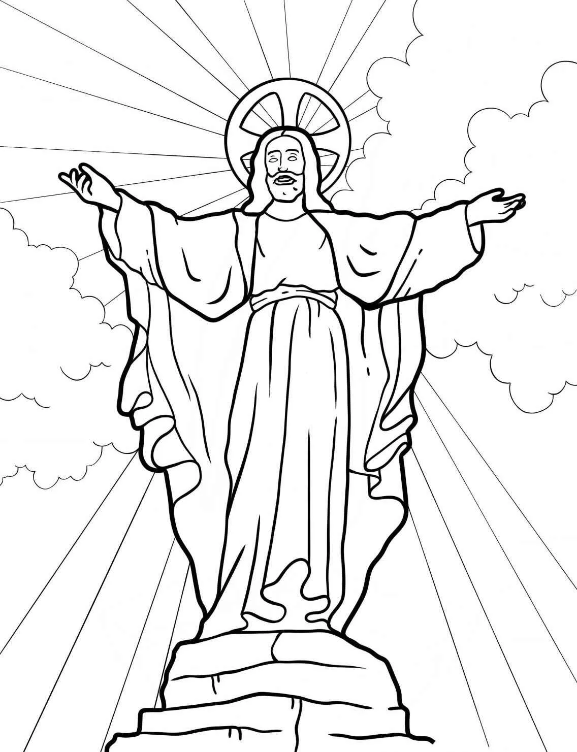 Desenho para colorir de Jesus Cristo com braços abertos e raios de luz ao fundo