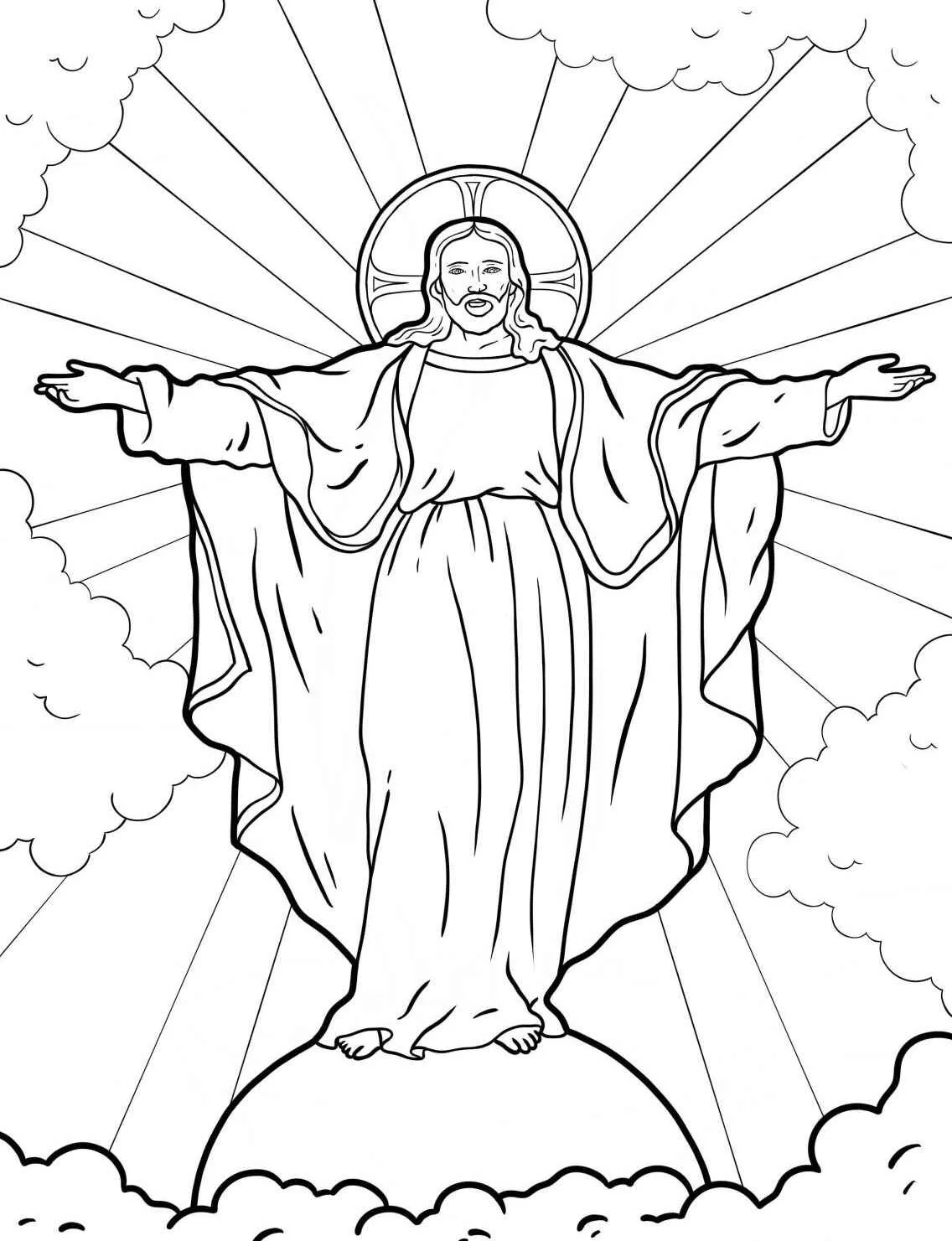 Desenho para colorir de Jesus Cristo com os braços abertos em meio a nuvens