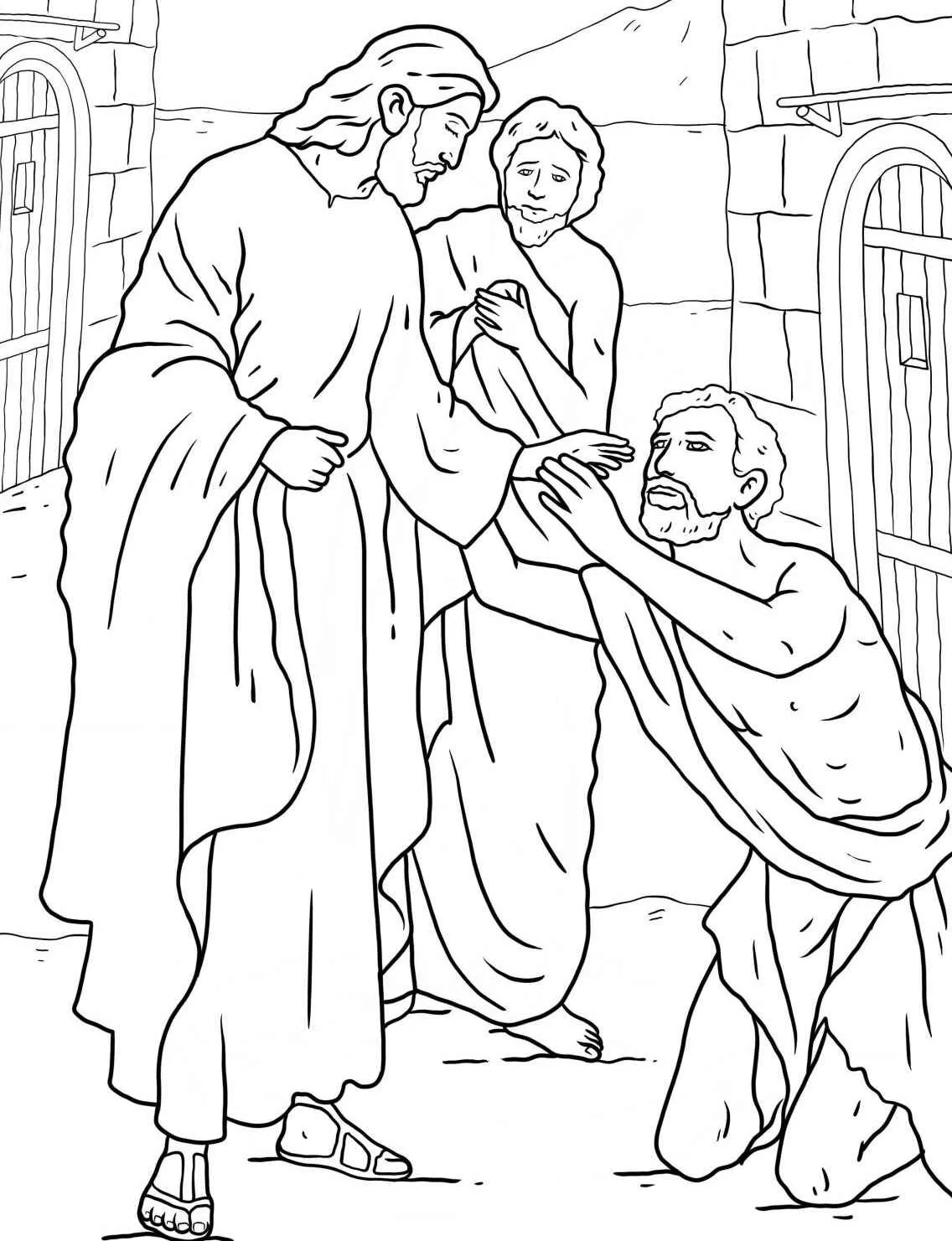 Desenho de Jesus curando um homem cego, ideal para colorir.