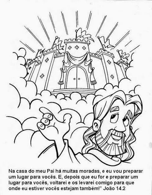 Desenho de Jesus com um castelo ao fundo, inspirado em João 14:2, para colorir.