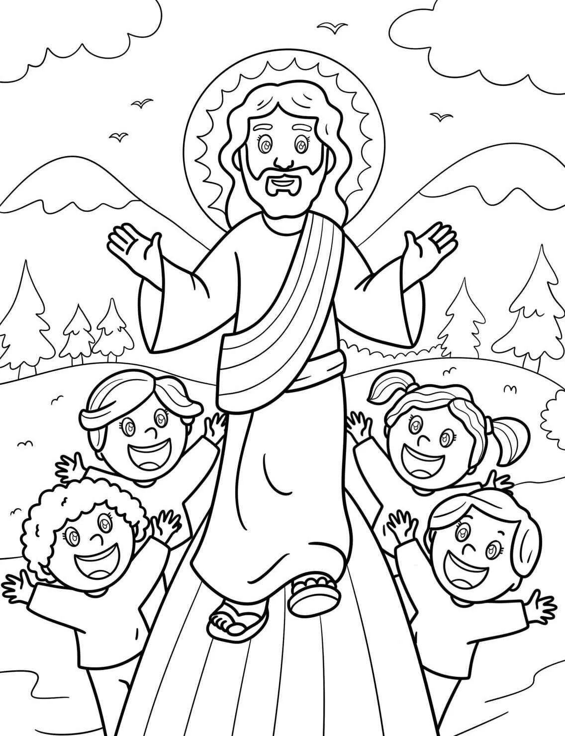 Desenho para colorir de Jesus com crianças em um cenário natural