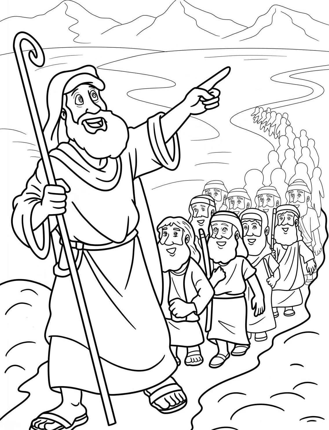 Desenho para colorir de Moisés com um cajado, liderando o povo em direção à terra prometida.