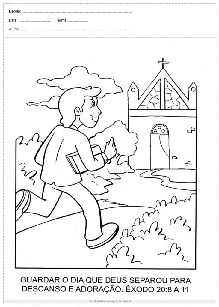 Desenho de um jovem indo à igreja para colorir, com uma mensagem sobre descanso e adoração.
