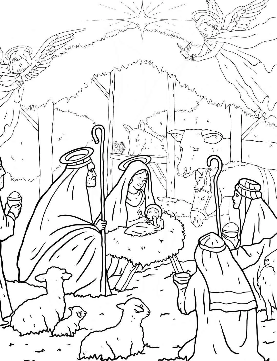 Desenho para colorir do nascimento de Jesus com pastores e anjos