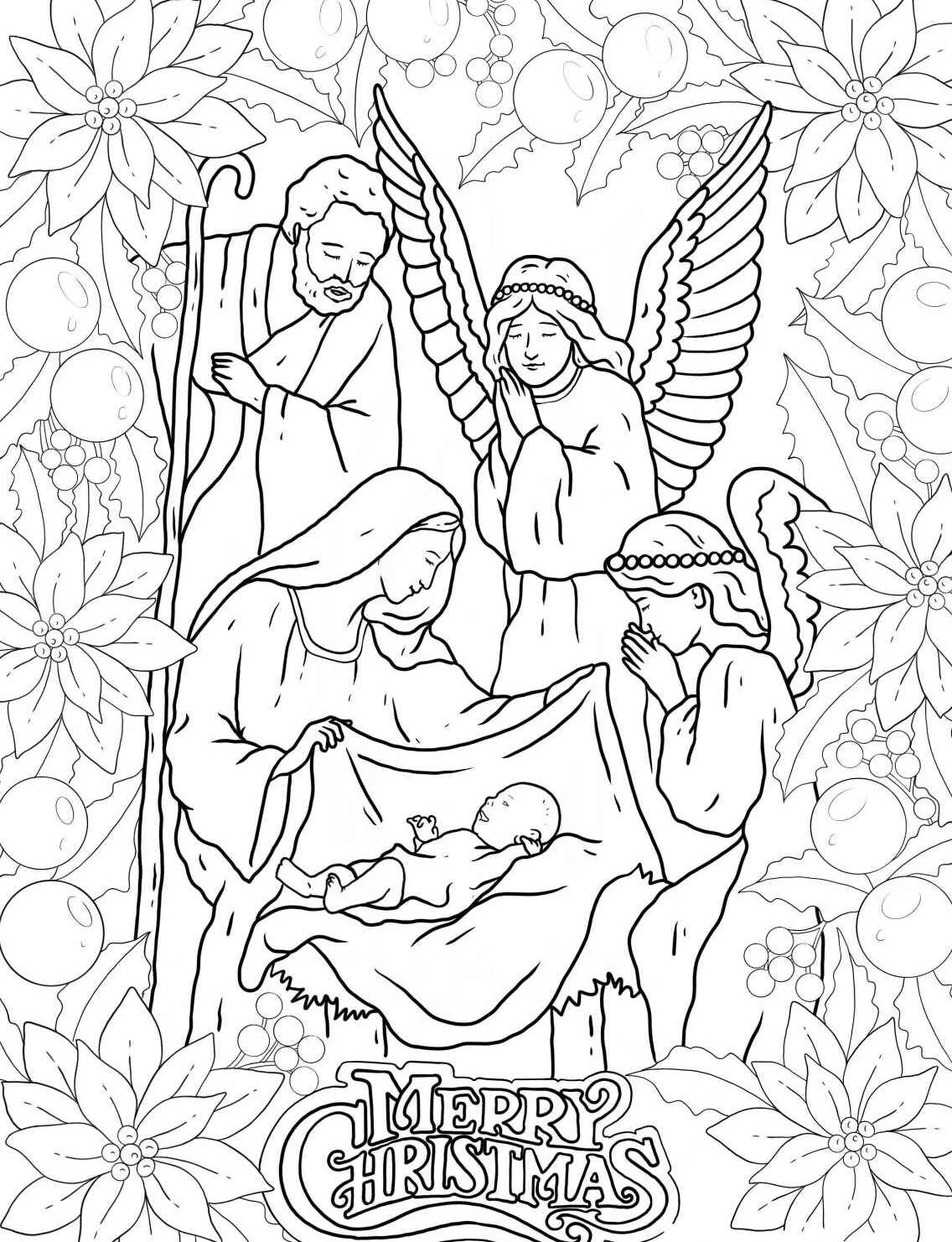 Desenho para colorir do nascimento de Jesus com figuras bíblicas