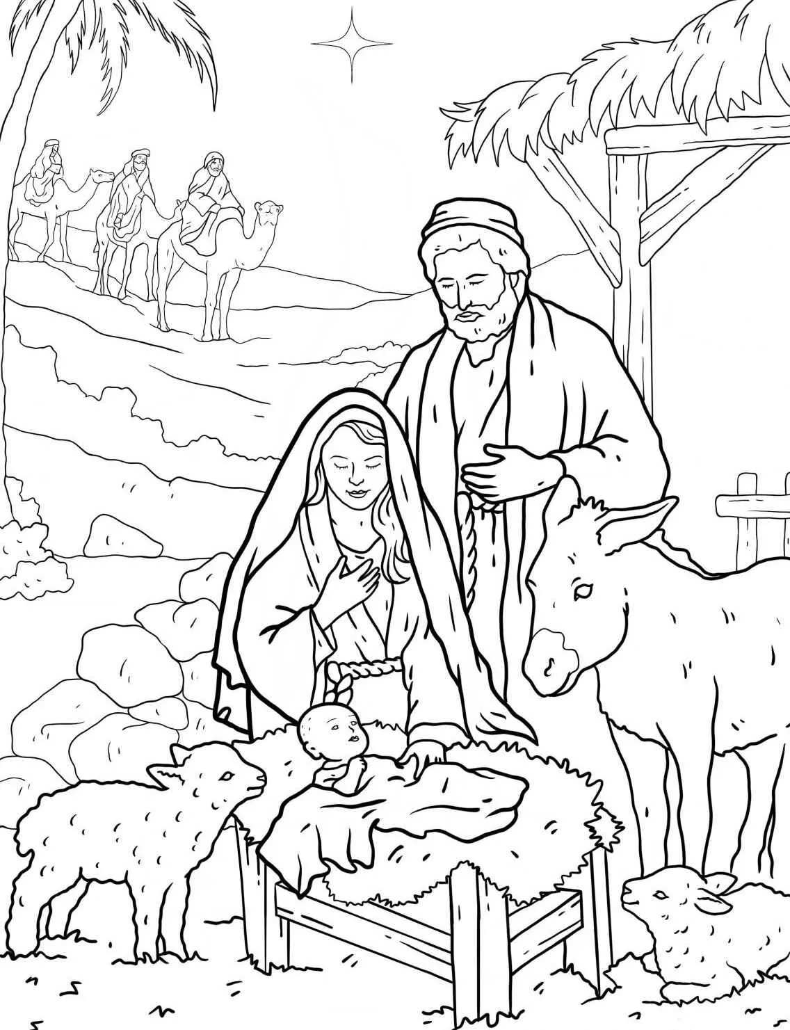 Desenho para colorir do nascimento de Jesus com Maria, José e animais