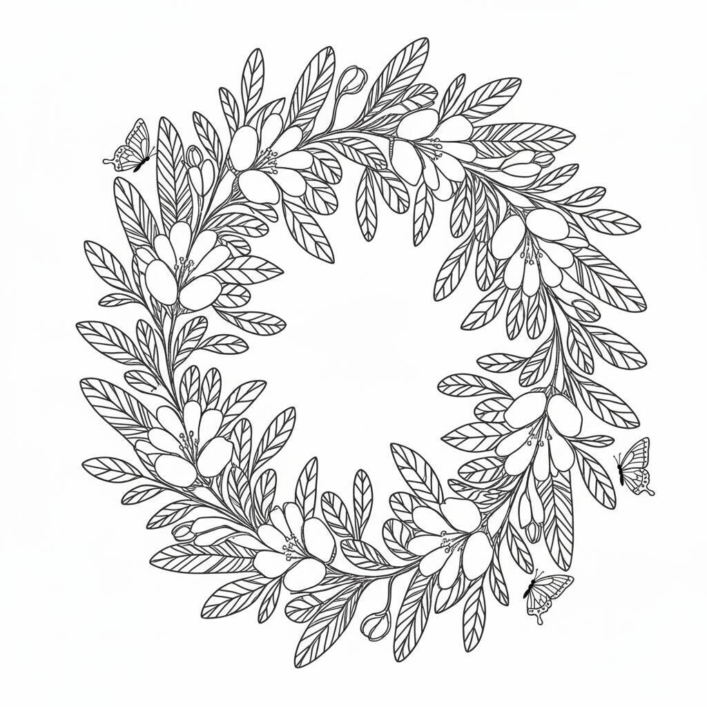 Coroa de flores com folhas e borboletas para colorir