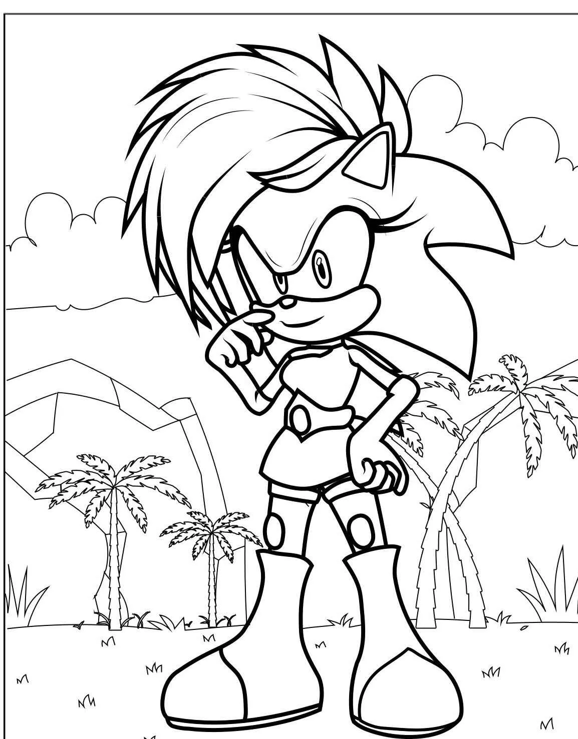 Desenho da Amy Rose do Sonic em um cenário tropical para colorir