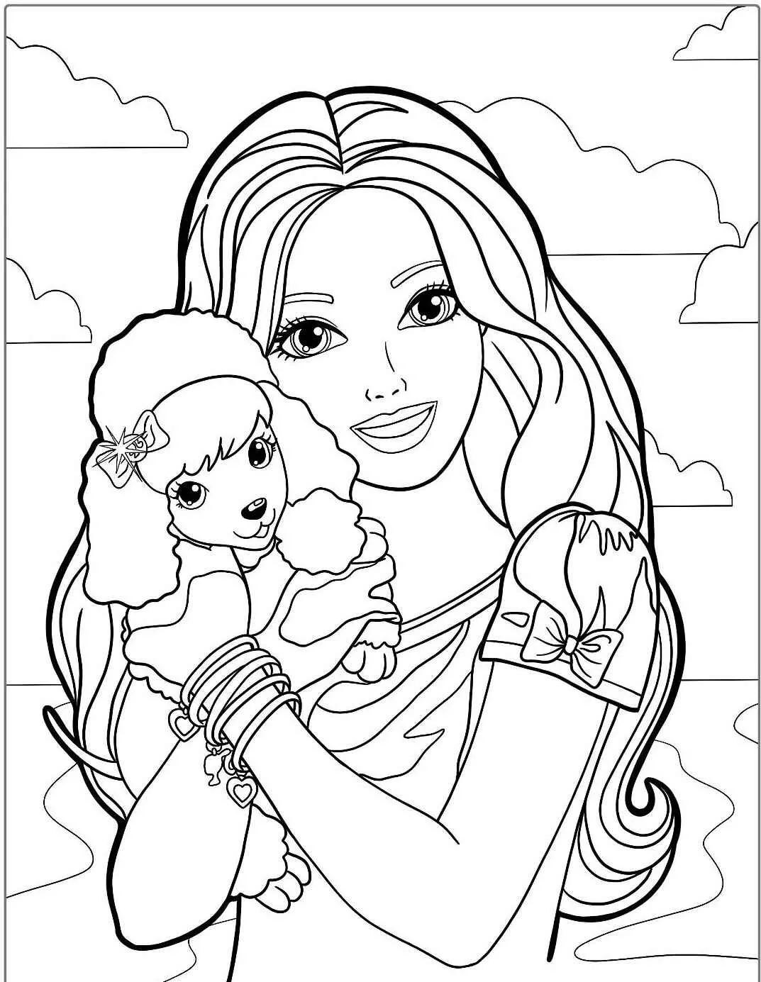 Barbie segurando um cachorrinho fofo para colorir