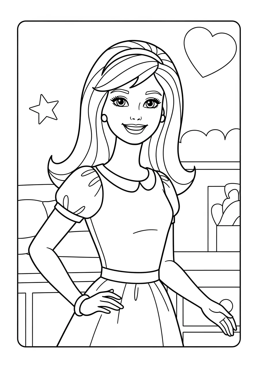 Imagem para colorir da Barbie com vestido elegante e cenário de fundo