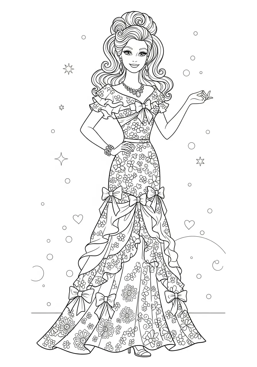 Imagem para colorir da Barbie com vestido elegante e detalhes florais