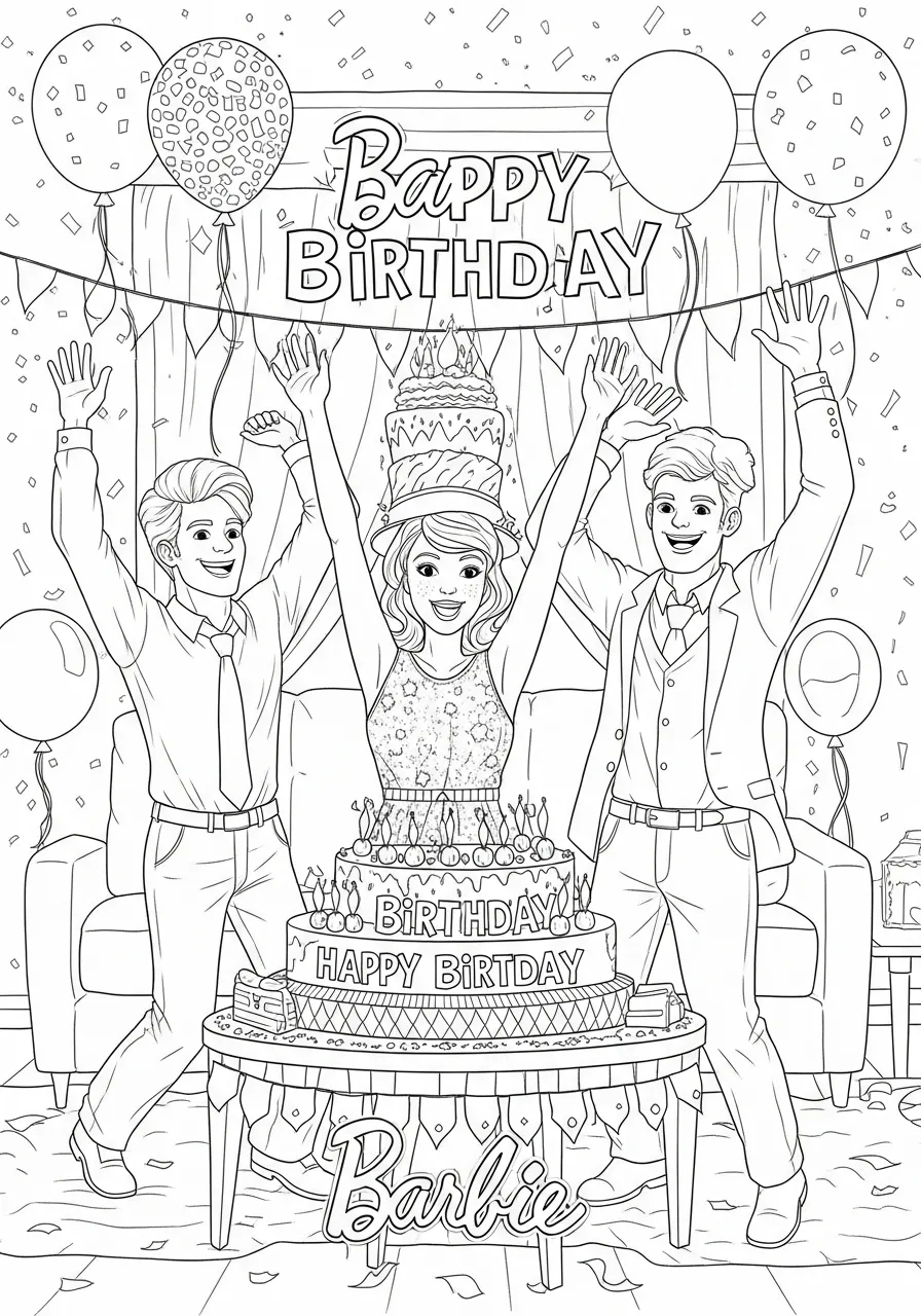 Desenho de Barbie comemorando aniversário com bolo e amigos para colorir