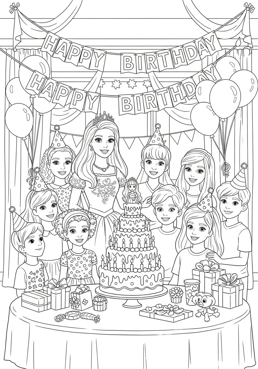 Desenho para colorir da Barbie em uma festa de aniversário com bolo e amigos