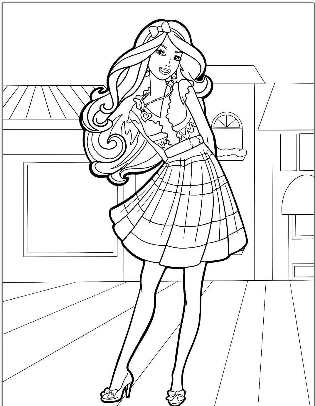Desenho de Barbie estilosa em uma cidade para colorir